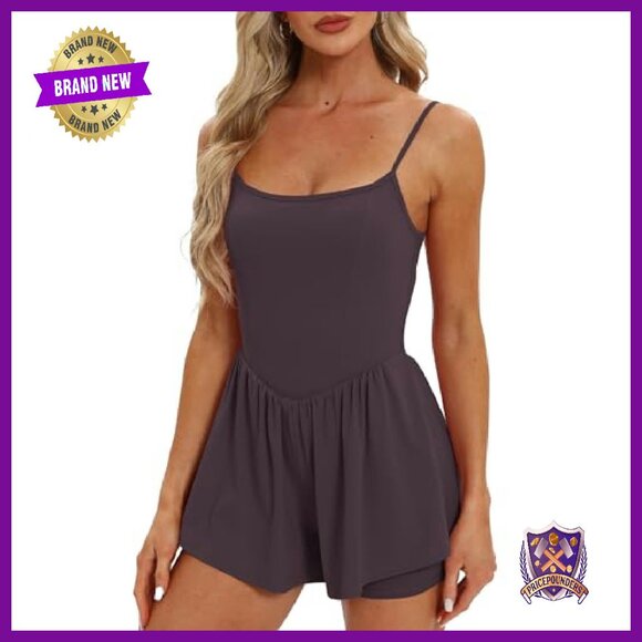 Women's Sleeveless Athletic Romper Spaghetti Strap Double Lined Shorts Jumpsuit - Picture 5 of 7